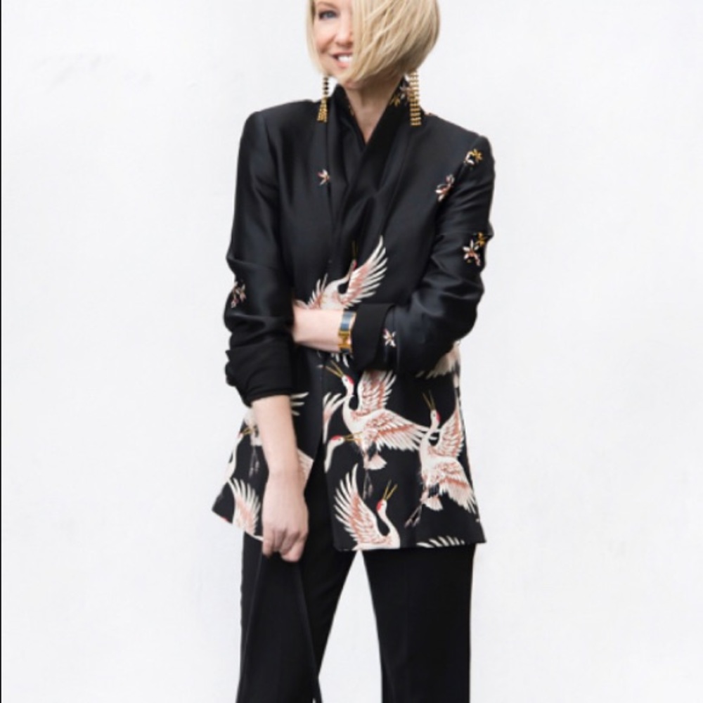Zara Silk Oriental Bird Blazer with Belt